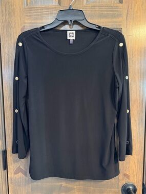 Anne Klein Black Long-Sleeve Top with Button Trim